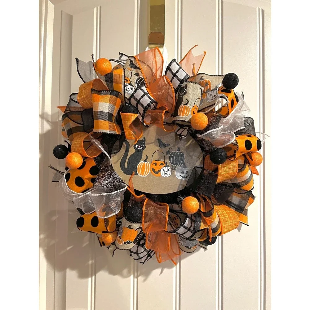 13 inch Halloween Ribbon Wreath Black Cat MW7